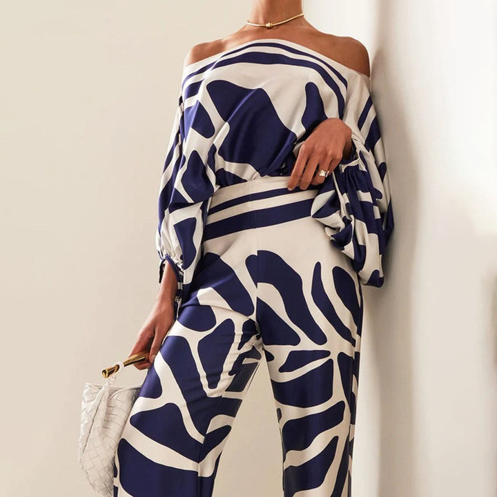 Elegant Women's Two-Piece Satin Set – Off-Shoulder Top & Wide Pants