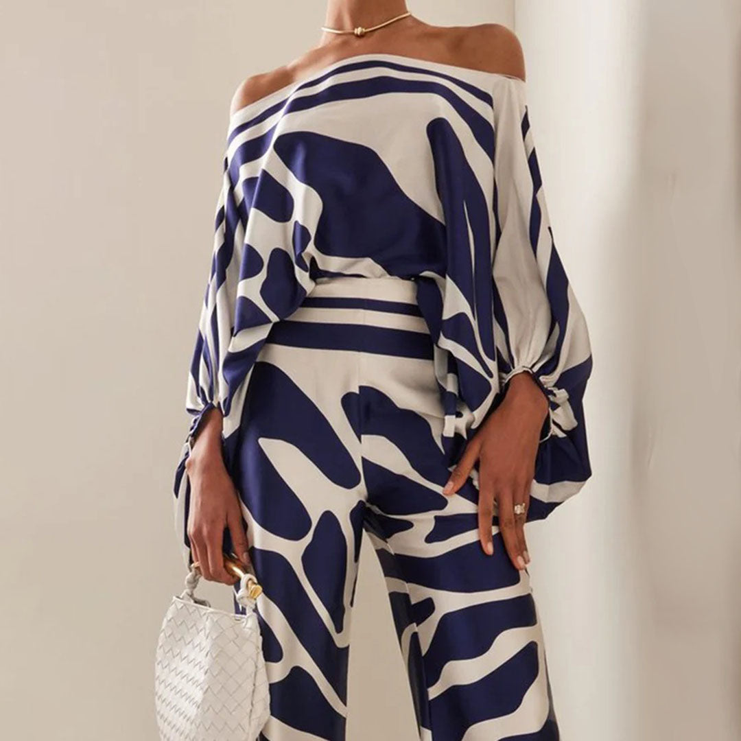 Elegant Women's Two-Piece Satin Set – Off-Shoulder Top & Wide Pants