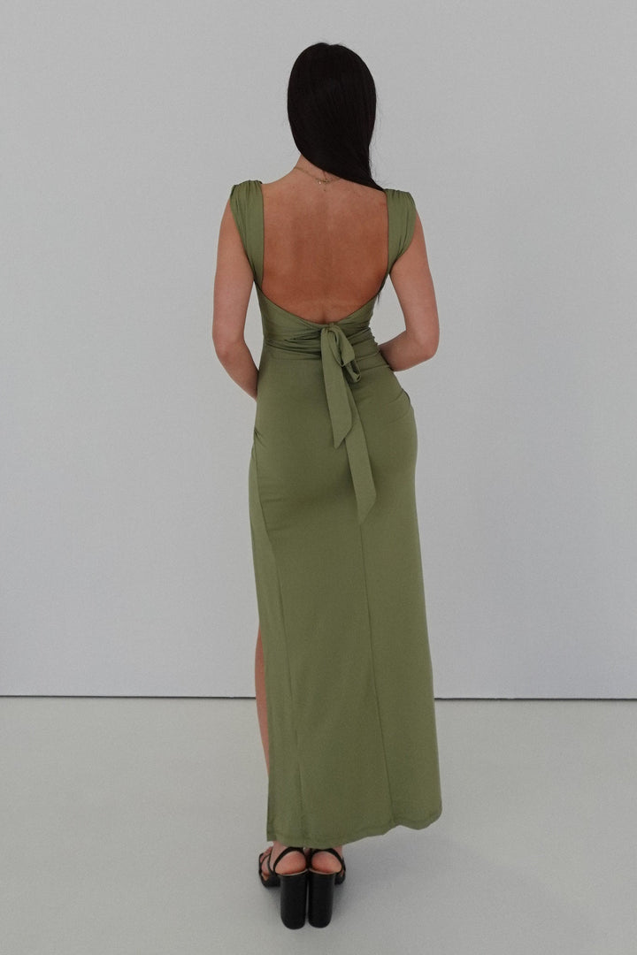 Khaki halterneck dress with back knot & slit – elegant evening dress