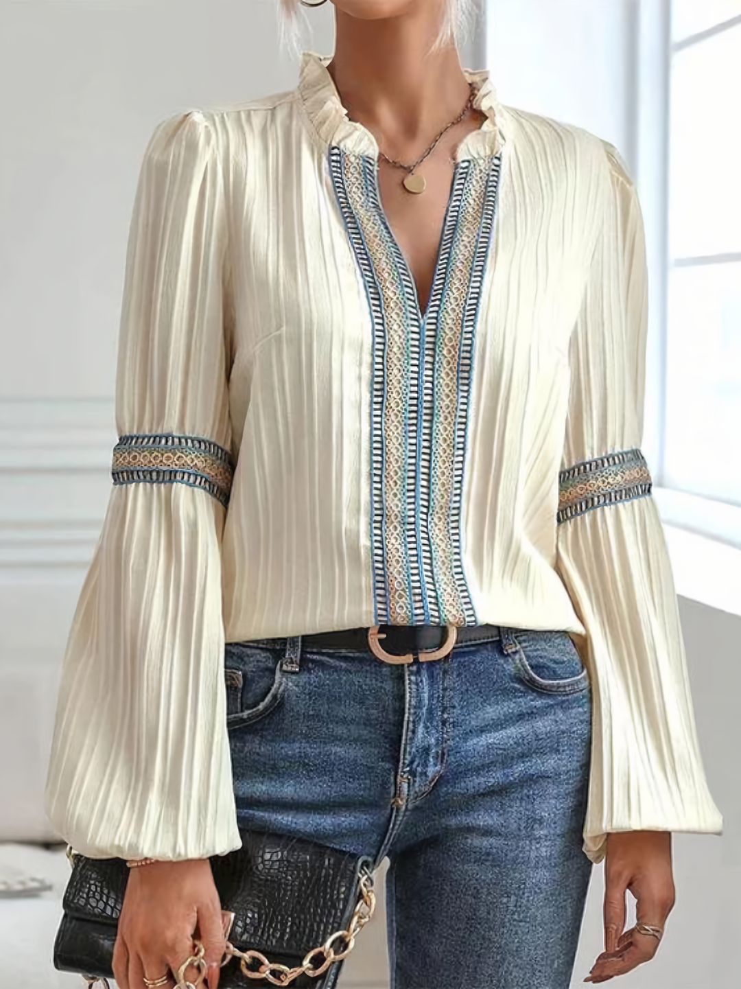 Women's lace blouse with ruffles, V-neck & puff sleeves