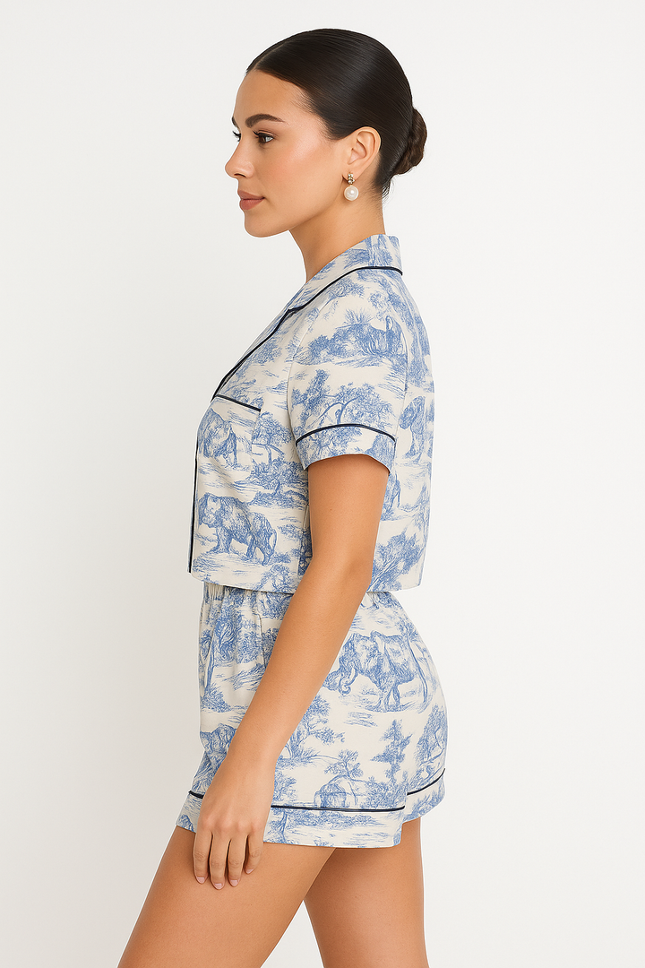 Women's shorts set with print and contrast trim – summer co-ord