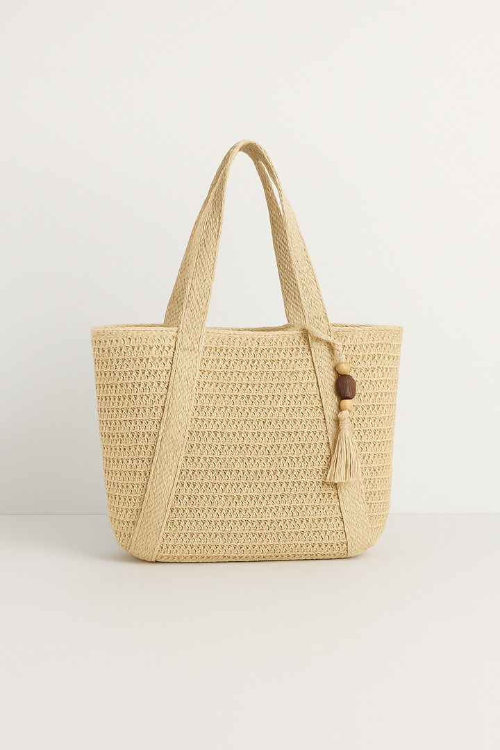 Sac de plage boho pour femmes – Shopper tissé à la main avec pompon et fermeture éclair
