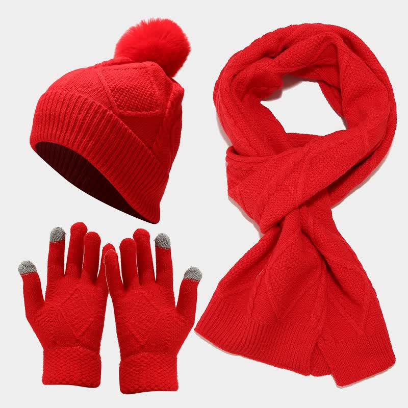 Damen Accessoire-Set Strickmütze Schal Handschuhe Hochwertiger Strickstoff Elegant