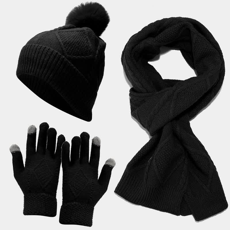 Damen Accessoire-Set Strickmütze Schal Handschuhe Hochwertiger Strickstoff Elegant