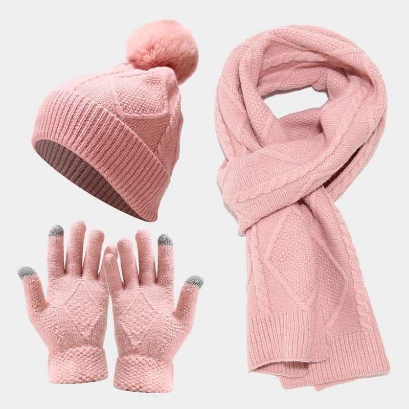 Damen Accessoire-Set Strickmütze Schal Handschuhe Hochwertiger Strickstoff Elegant