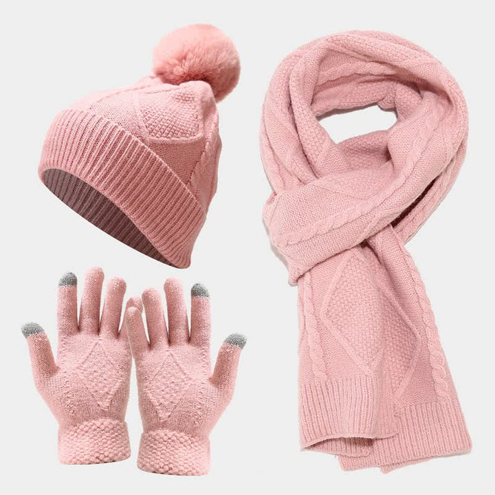 Damen Accessoire-Set Strickmütze Schal Handschuhe Hochwertiger Strickstoff Elegant