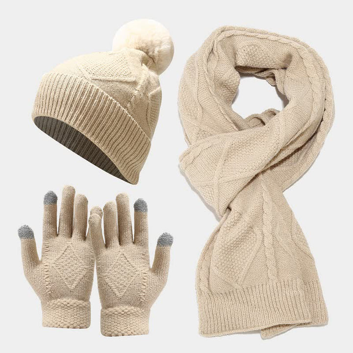 Damen Accessoire-Set Strickmütze Schal Handschuhe Hochwertiger Strickstoff Elegant