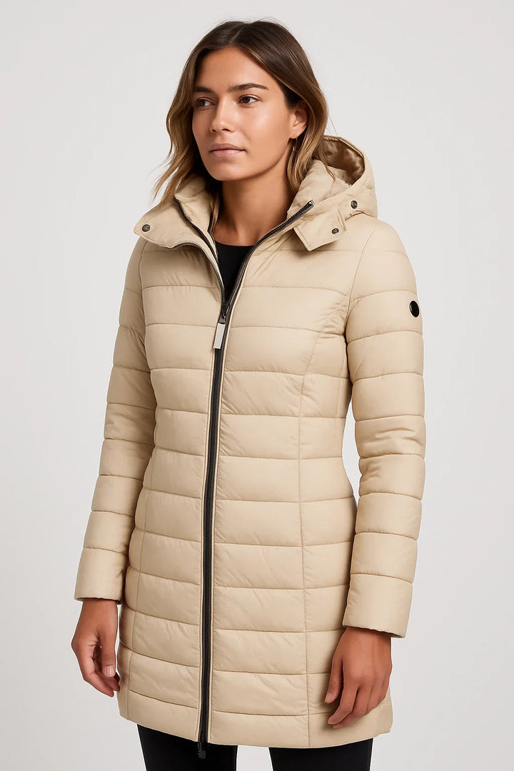 Damen Beige Mittellanger Gesteppter Puffer-Kapuzenmantel in einem Weichen Materialmix 4