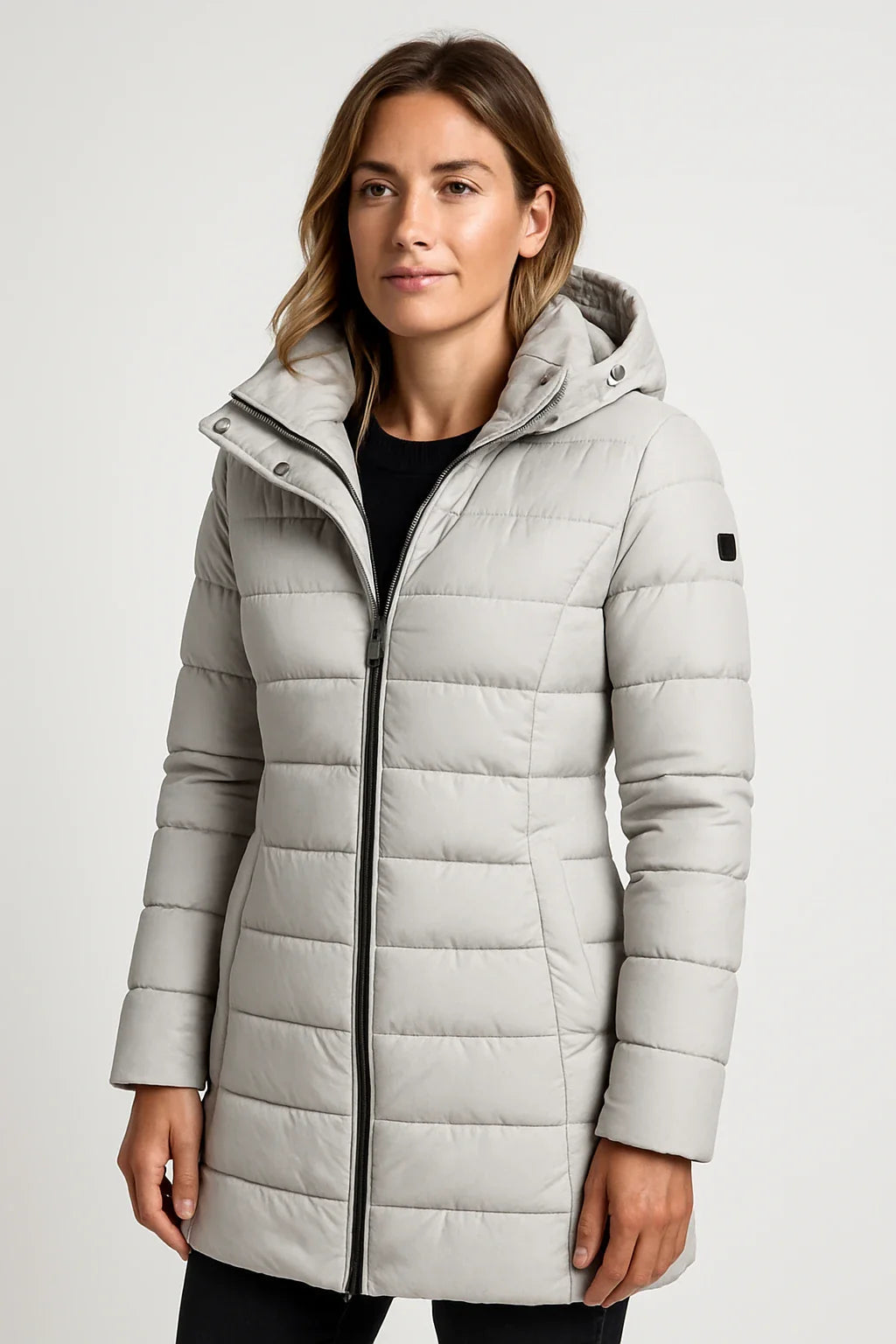 Damen Beige Mittellanger Gesteppter Puffer-Kapuzenmantel in einem Weichen Materialmix 8