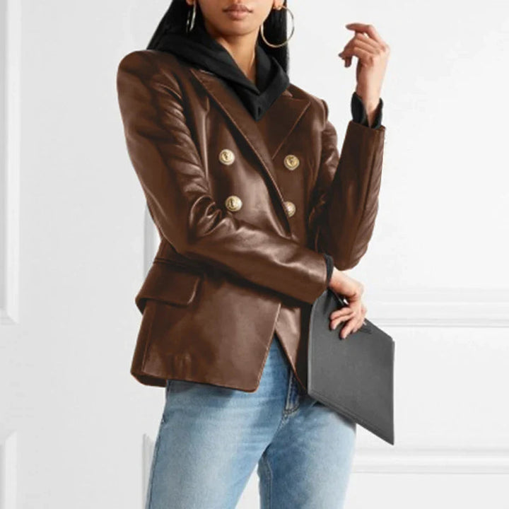Women's Blazer Vegan Leather With Buttons – Elegant Black Blazer for Versatile Outfits