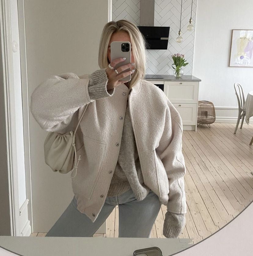 Damen Bomberjacke Oversized Stil Weiches Material Trendige Passform