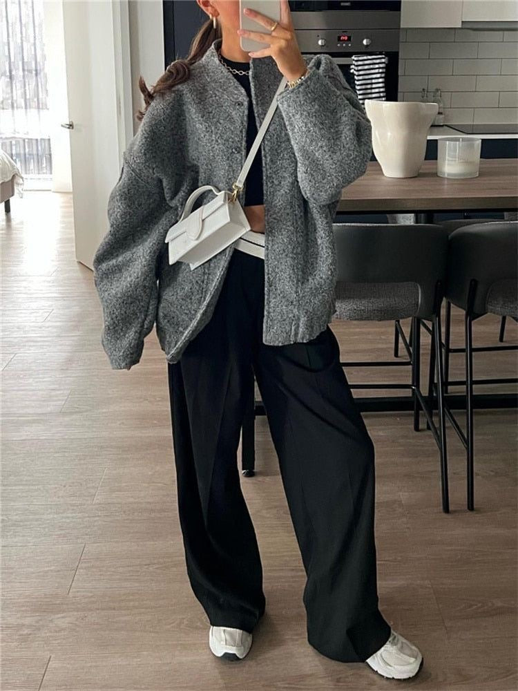 Damen Bomberjacke Oversized Stil Weiches Material Trendige Passform