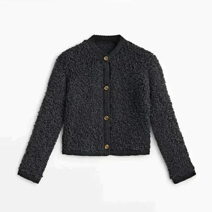 Damen Cardigan Teddy Stoff Gemütlich Mit Vordertaschen und Langen Ärmeln