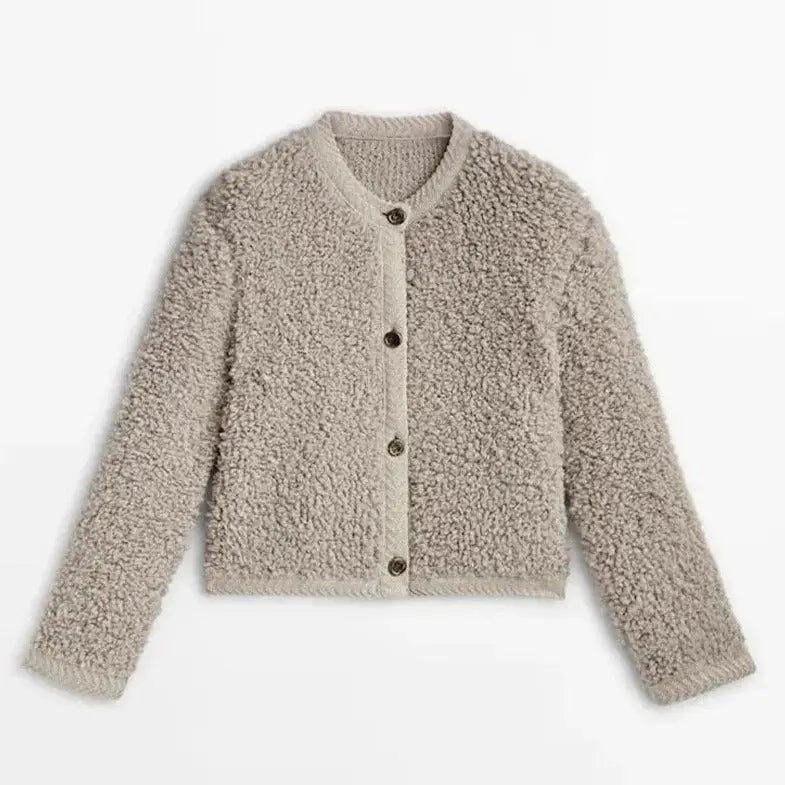 Damen Cardigan Teddy Stoff Gemütlich Mit Vordertaschen und Langen Ärmeln
