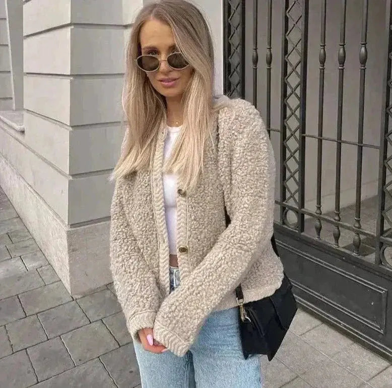 Damen Cardigan Teddy Stoff Gemütlich Mit Vordertaschen und Langen Ärmeln