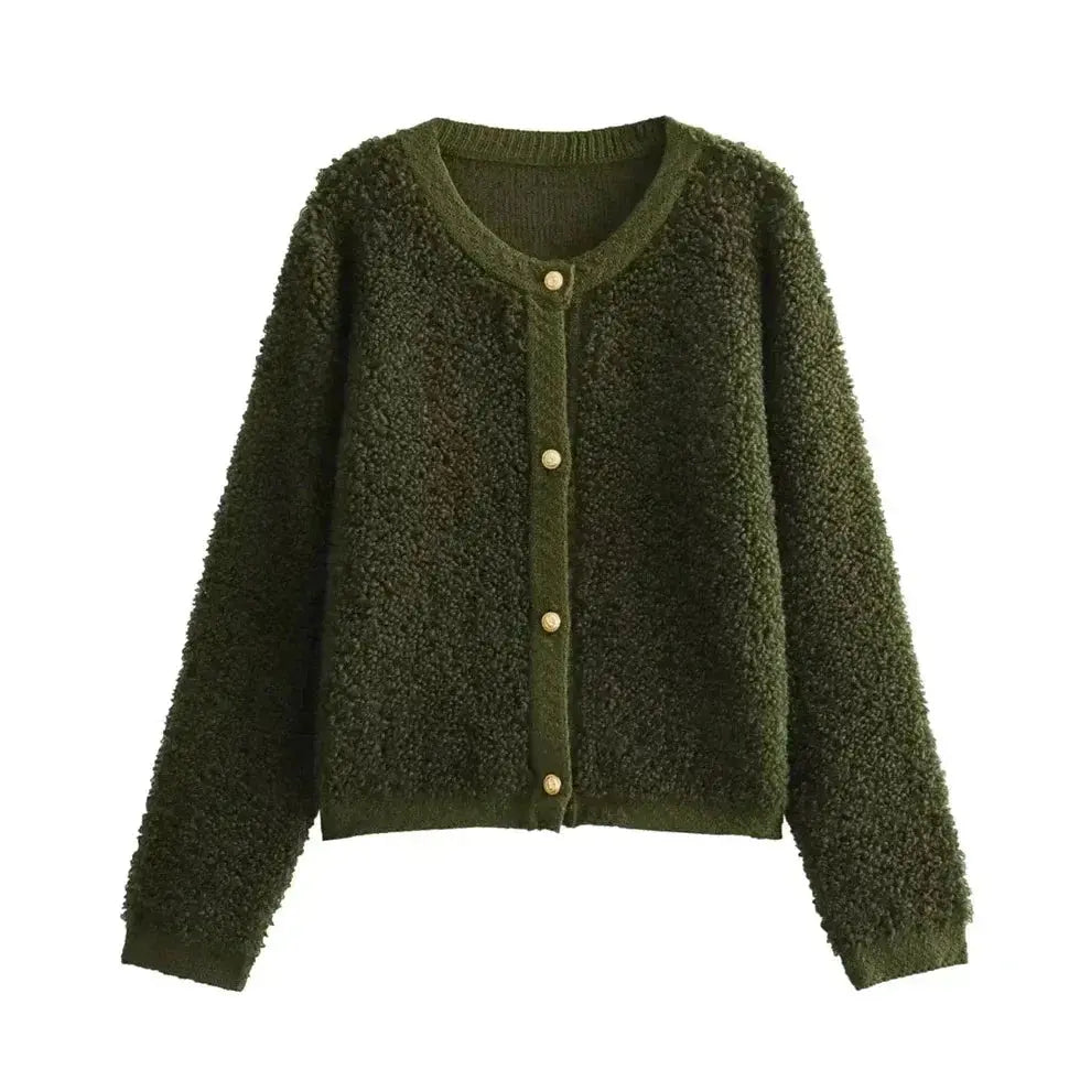 Damen Cardigan Teddy Stoff Gemütlich Mit Vordertaschen und Langen Ärmeln