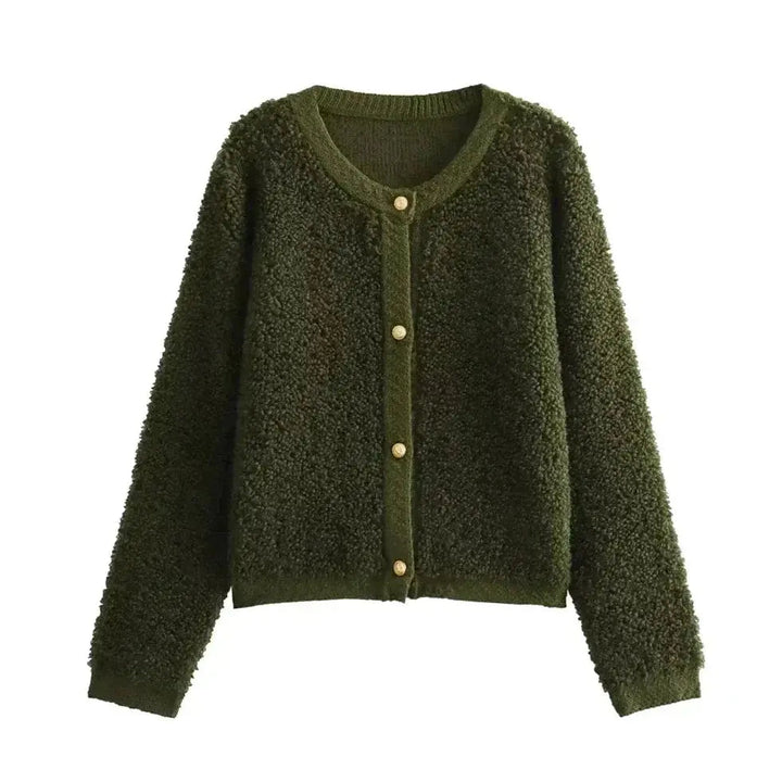 Damen Cardigan Teddy Stoff Gemütlich Mit Vordertaschen und Langen Ärmeln