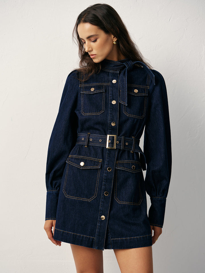 Women's Cotton Denim Dress – Short, Belt & Button Front, Denim Look
