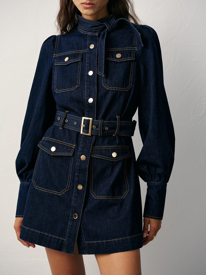 Women's Cotton Denim Dress – Short, Belt & Button Front, Denim Look