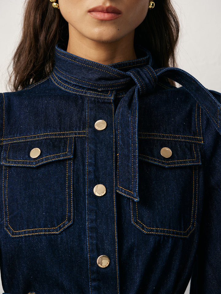 Women's Cotton Denim Dress – Short, Belt & Button Front, Denim Look