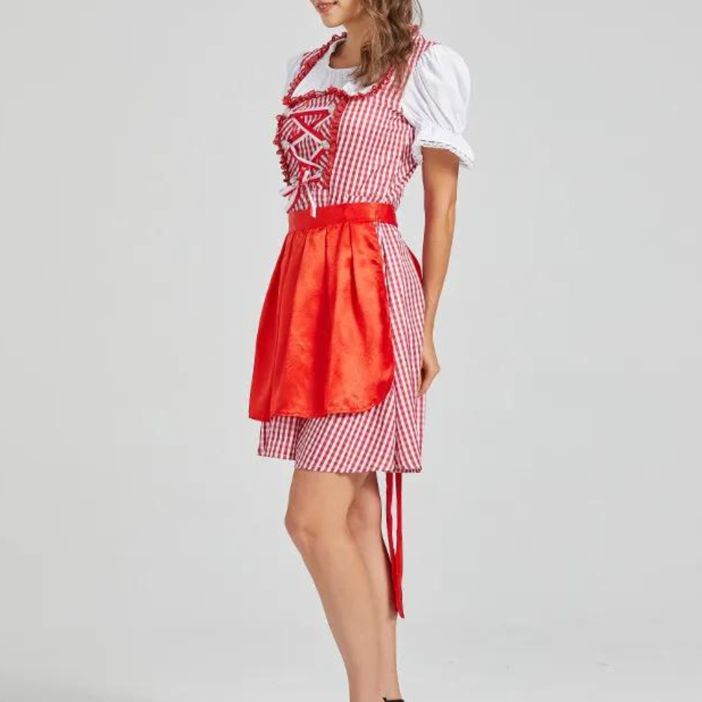 Women's Dirndl Dress Cotton Festive Black with Checkered Pattern