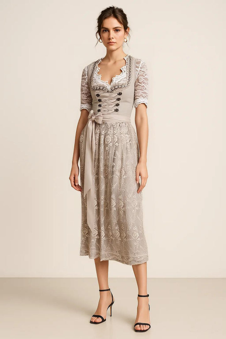 Women's dirndl dress cotton with lace-up bodice and lace blouse, traditional design, elegant floral print