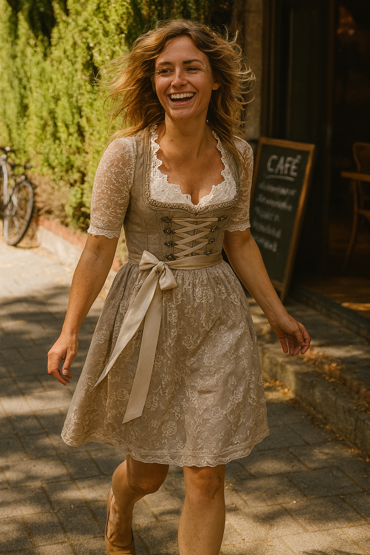Women's dirndl dress cotton with lace-up bodice and lace blouse, traditional design, elegant floral print