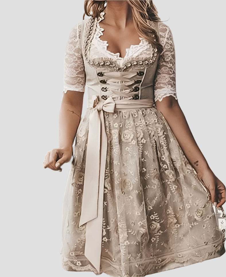 Women's dirndl dress cotton with lace-up bodice and lace blouse, traditional design, elegant floral print