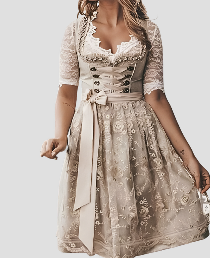 Women's dirndl dress cotton with lace-up bodice and lace blouse, traditional design, elegant floral print