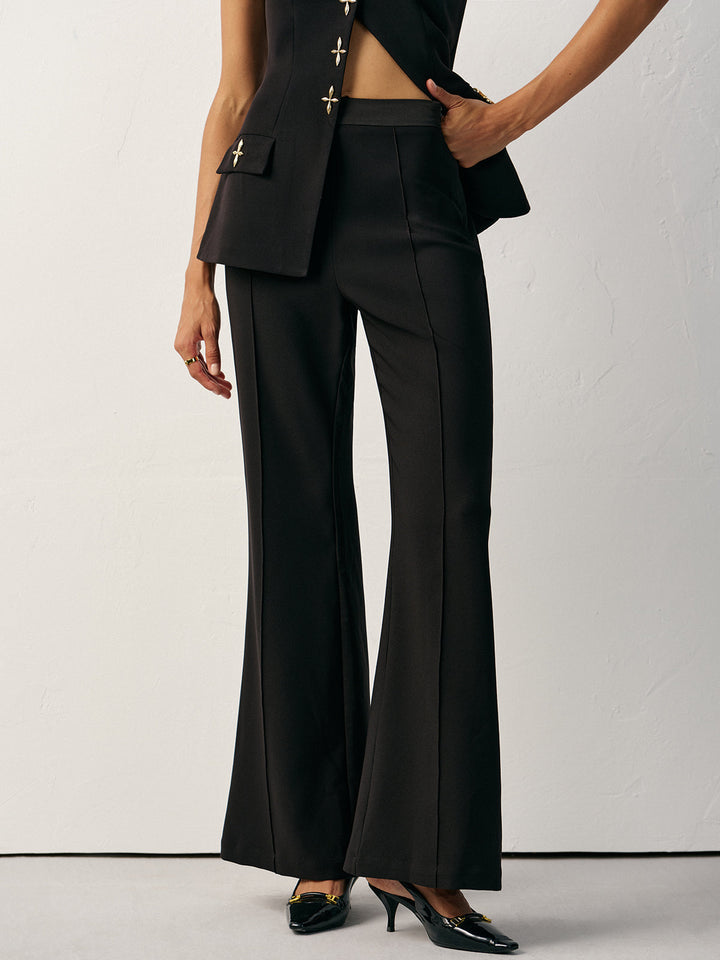 Damen Flared Hose – Schlaghose Lang, Gewebter Stoff, Mittlere Taille