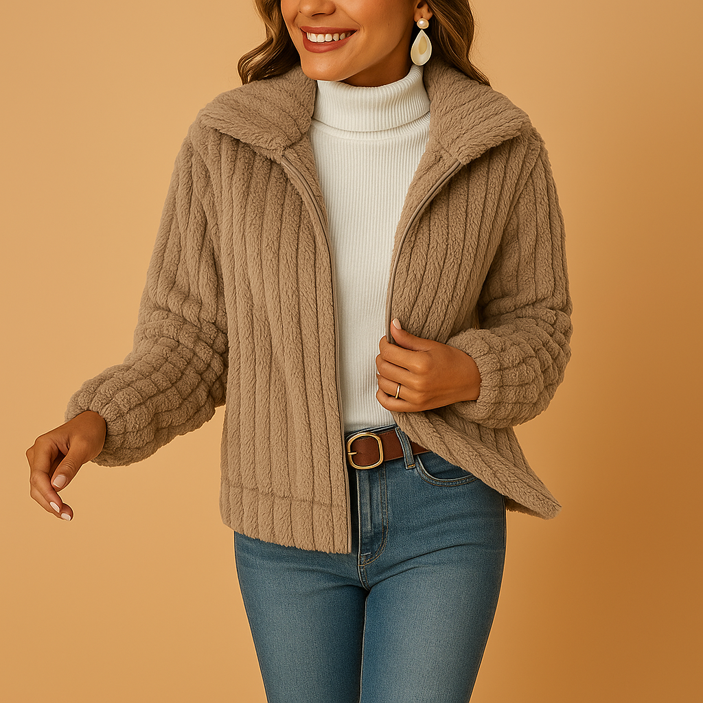 Women's long fleece vest with standing collar and pockets