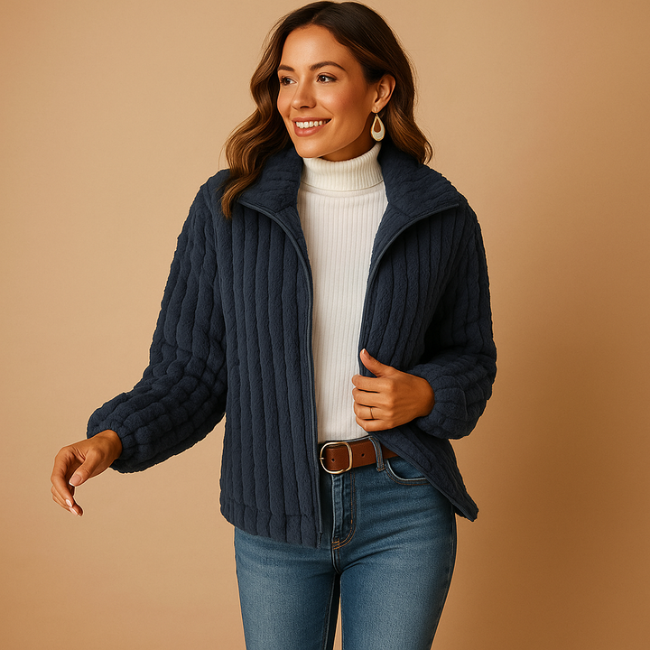 Women's long fleece vest with standing collar and pockets
