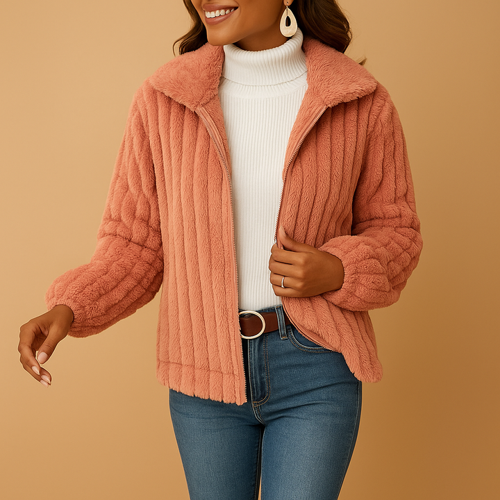 Women's long fleece vest with standing collar and pockets