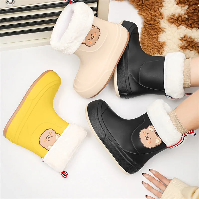 Damen Gummistiefel Gummi Wasserfest mit Bärendesign Rutschfeste Sohle