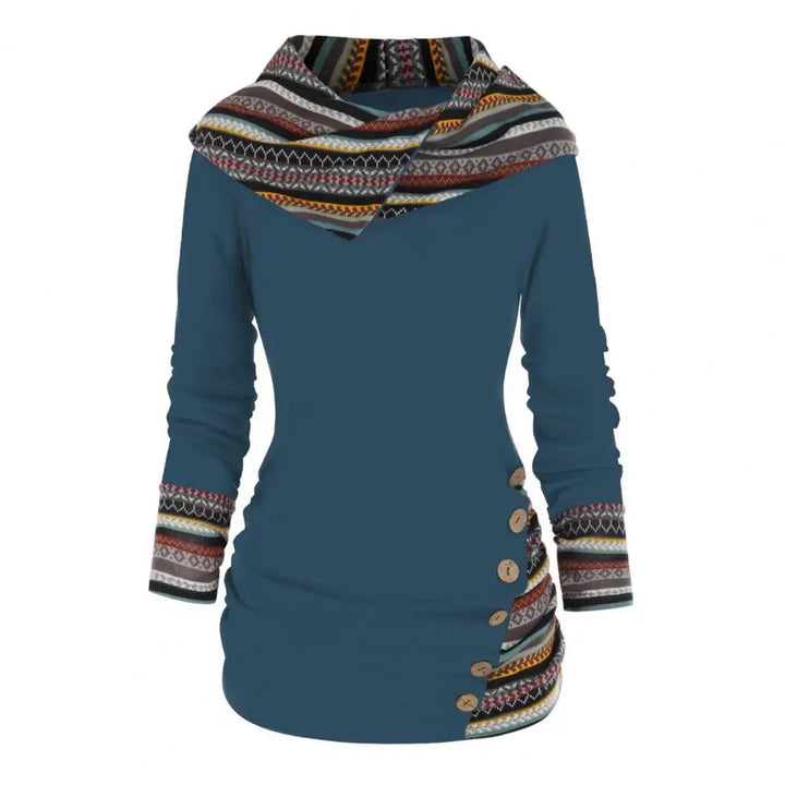 Damen Hoodie Baumwolle Ethno-Style mit Kapuze und Geometrischen Mustern