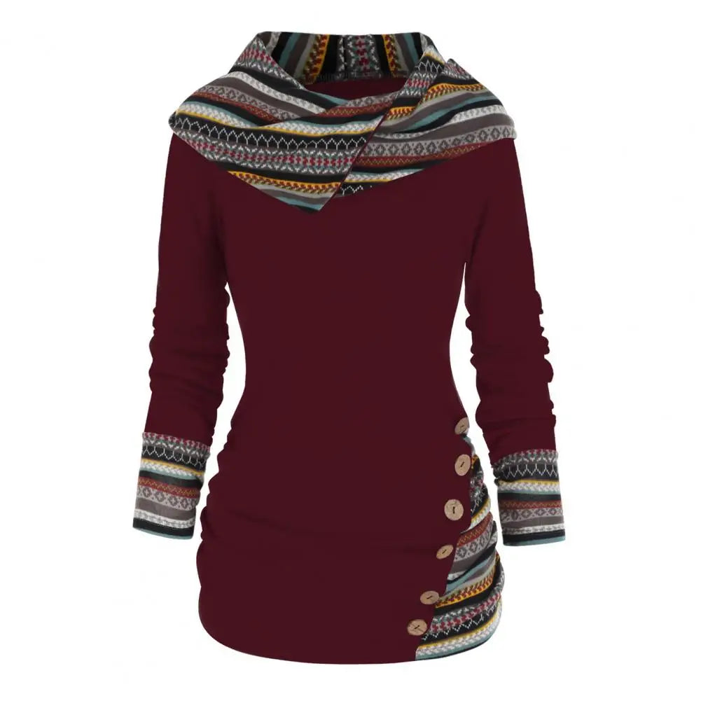 Damen Hoodie Baumwolle Ethno-Style mit Kapuze und Geometrischen Mustern