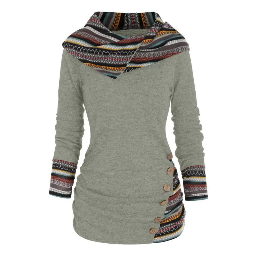 Damen Hoodie Baumwolle Ethno-Style mit Kapuze und Geometrischen Mustern