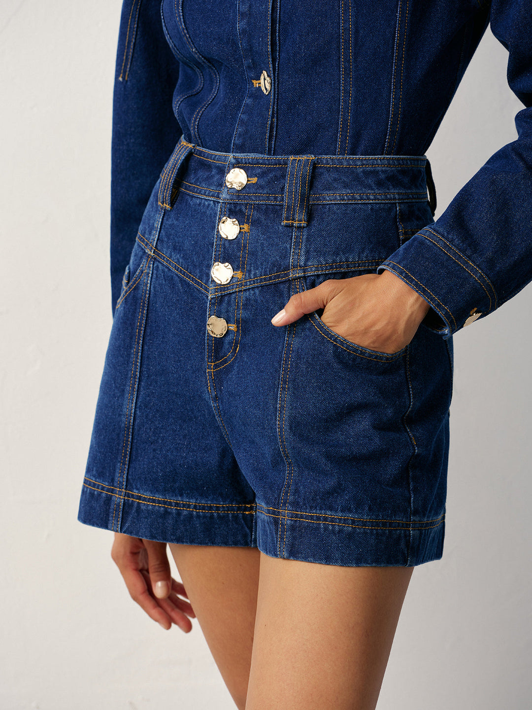 Damen Jeansshorts – High Waist Baumwolle, Hoch Tailliert mit Knopfverschluss