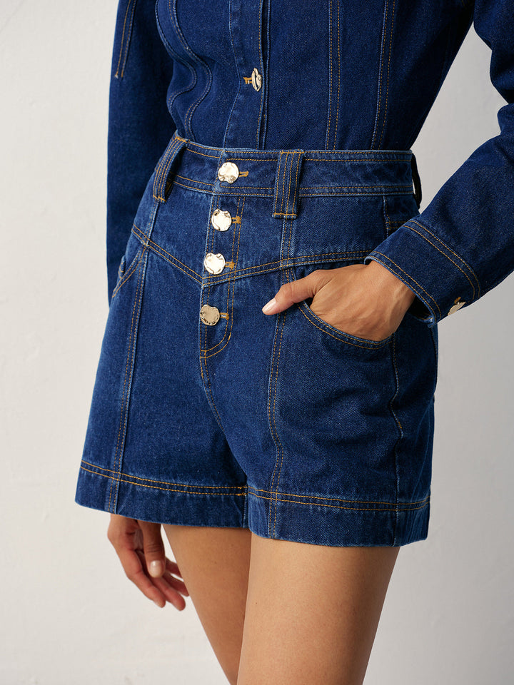 Damen Jeansshorts – High Waist Baumwolle, Hoch Tailliert mit Knopfverschluss