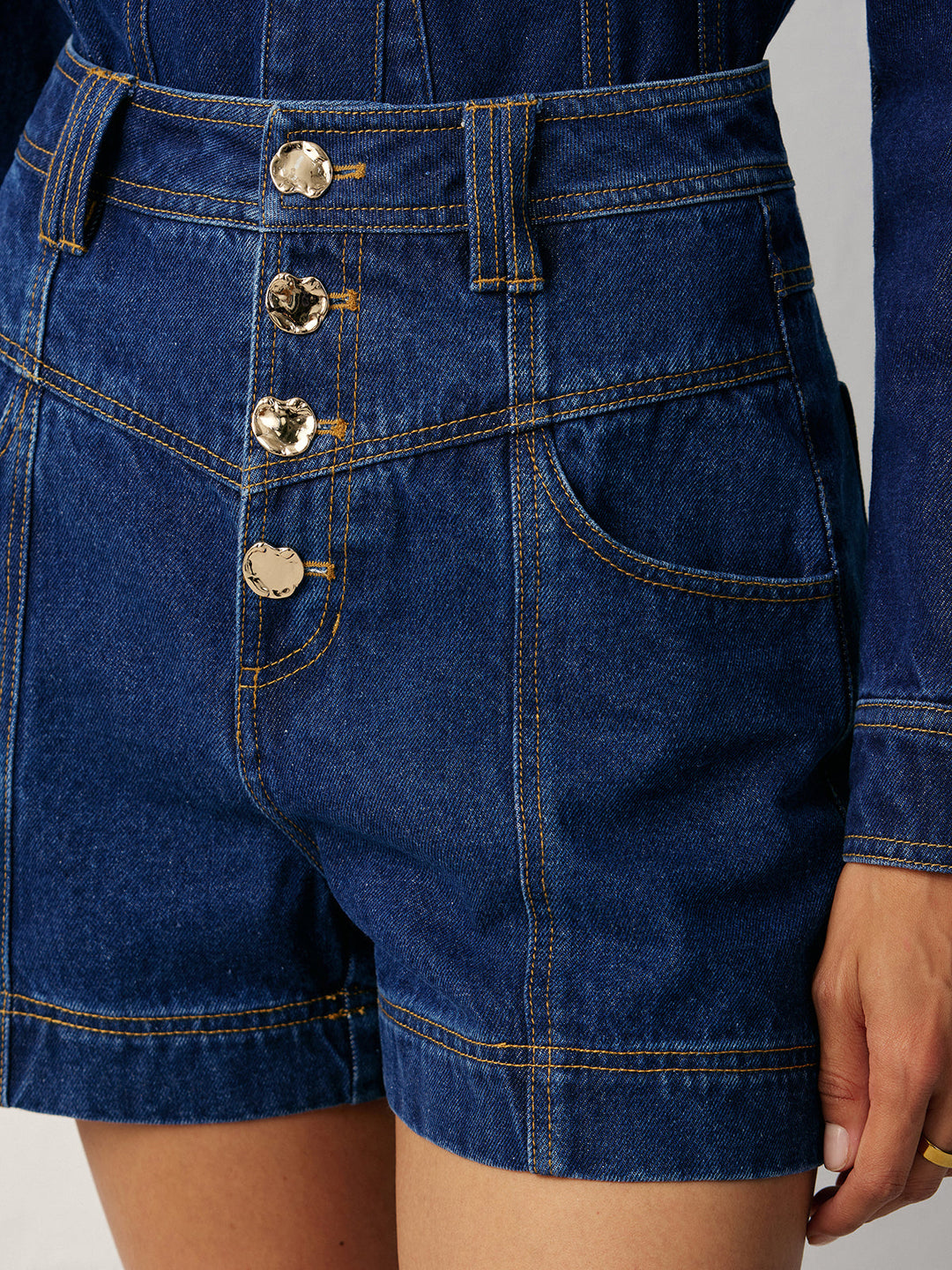 Damen Jeansshorts – High Waist Baumwolle, Hoch Tailliert mit Knopfverschluss