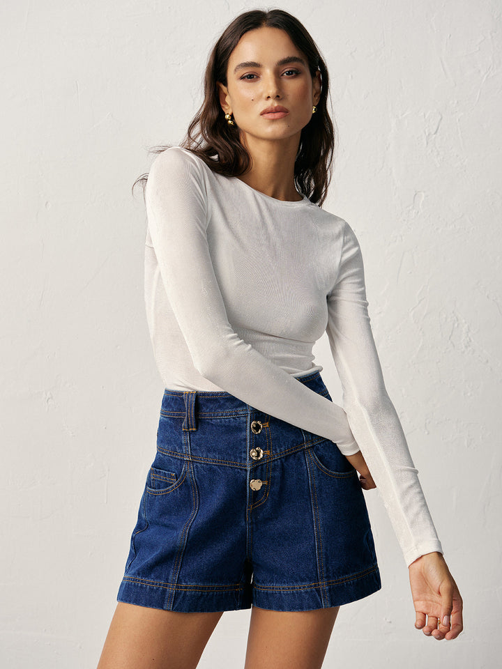 Damen Jeansshorts – High Waist Baumwolle, Hoch Tailliert mit Knopfverschluss