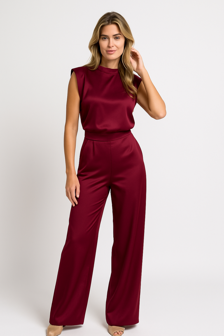 Damen Jumpsuit Satin Look Ärmellos Elegant Weite Beine
