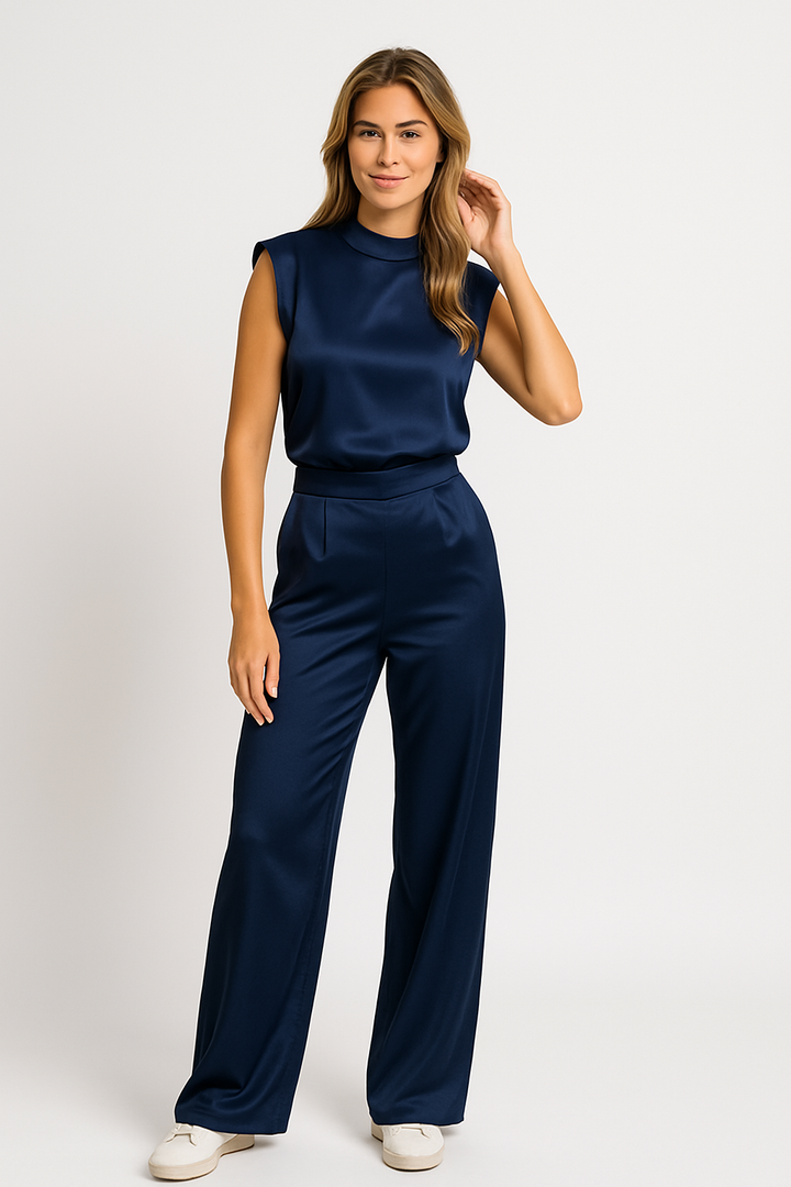 Damen Jumpsuit Satin Look Ärmellos Elegant Weite Beine