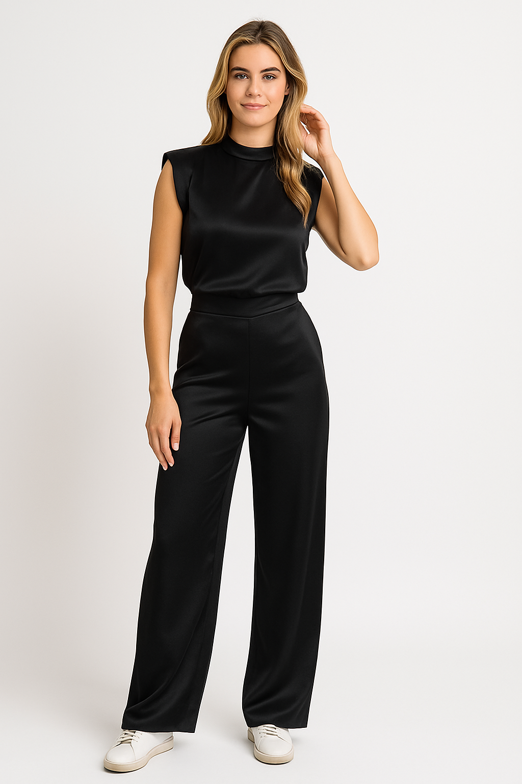 Damen Jumpsuit Satin Look Ärmellos Elegant Weite Beine