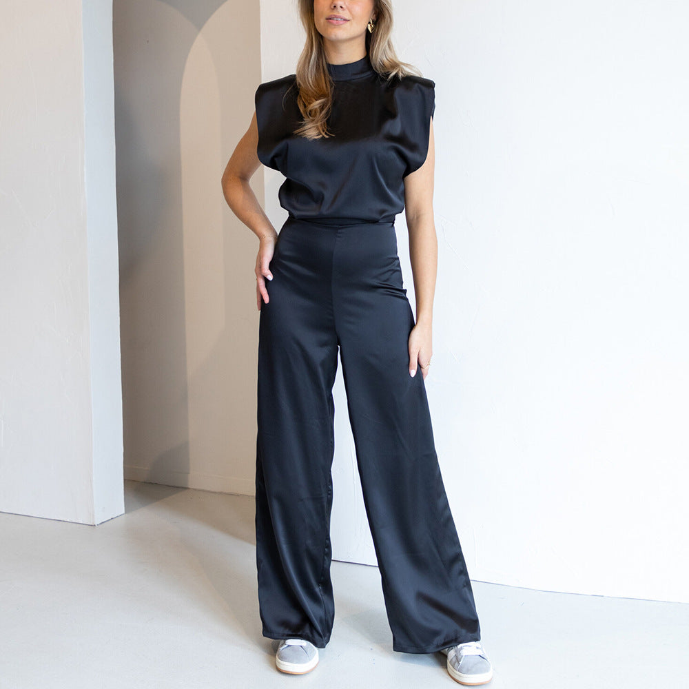 Damen Jumpsuit Satin Look Ärmellos Elegant Weite Beine