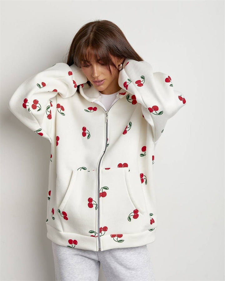 Damen Kapuzenpullover Hoodie mit Reißverschluss und Fruchtigem Print