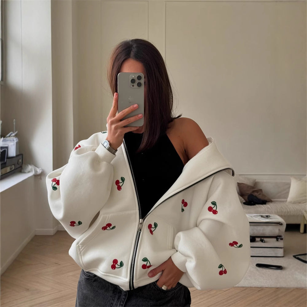 Damen Kapuzenpullover Hoodie mit Reißverschluss und Fruchtigem Print