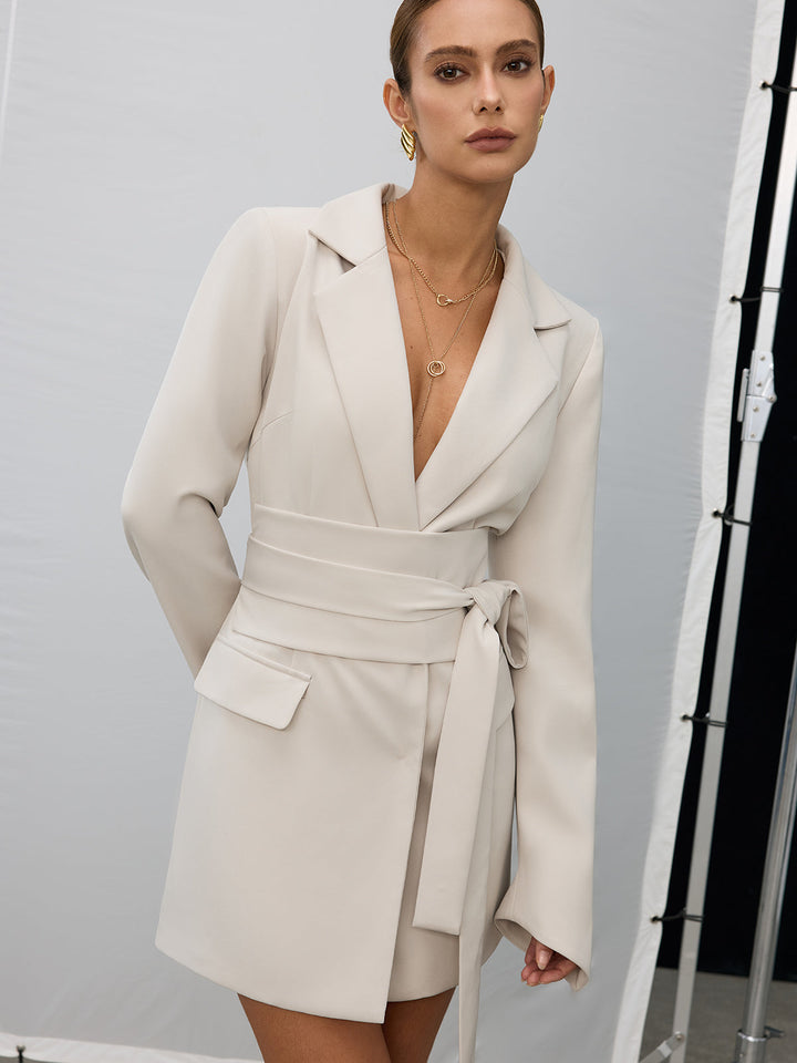 Damen Midi Kleid Baumwollmischung Doppelbrust-Blazer mit Gürtel