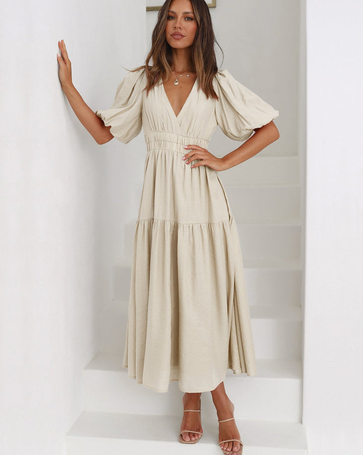 Women's Dress with Puff Sleeves Elegant Design Flowing Fabric