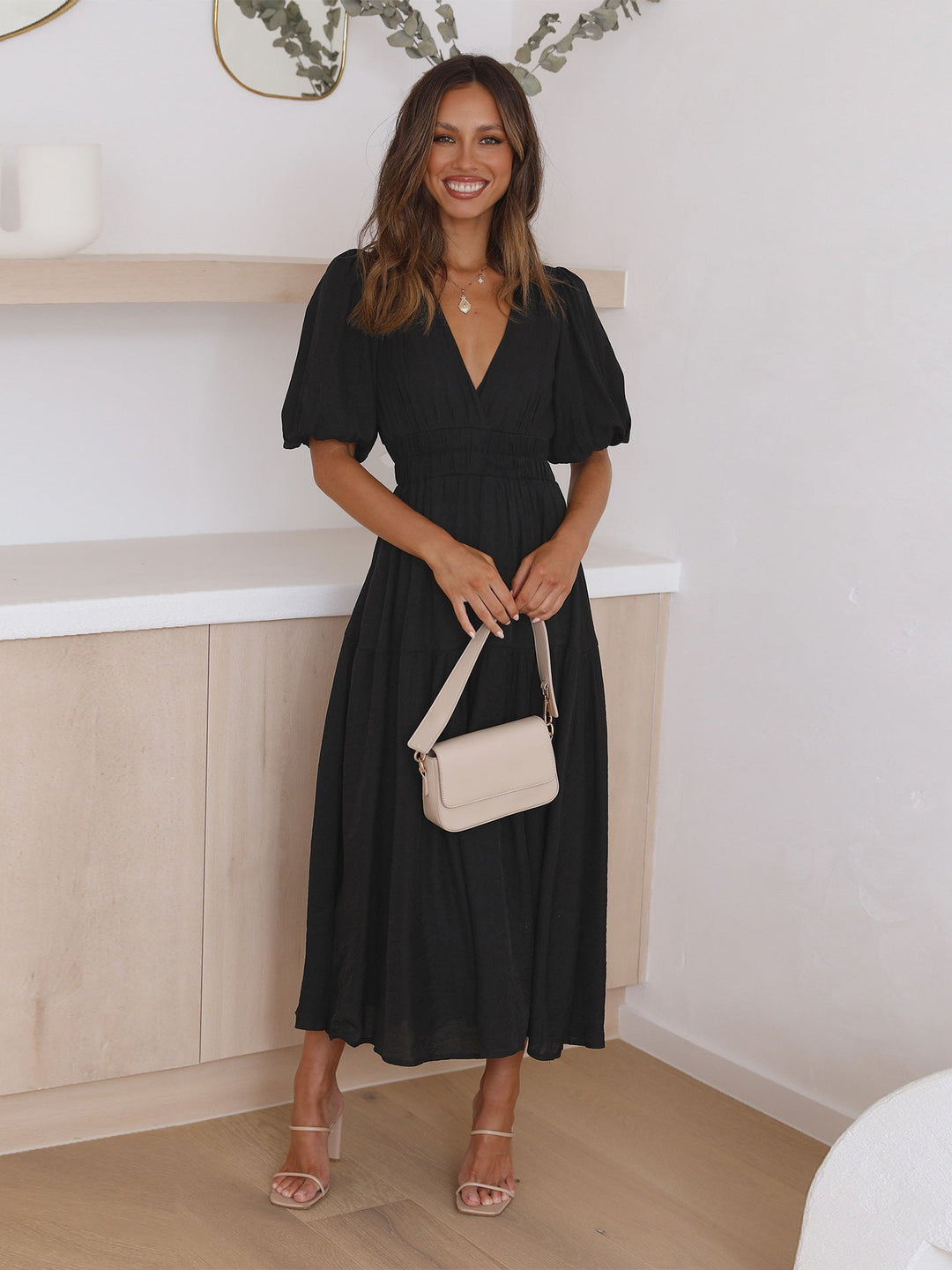 Women's Dress with Puff Sleeves Elegant Design Flowing Fabric